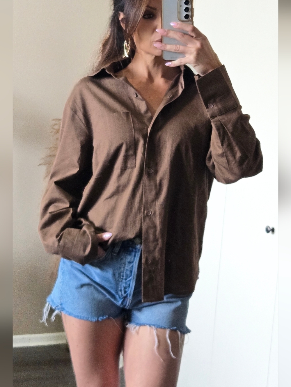 H&M Brown Cotton Linen Button-Up Shirt Size Small Lightweight Neutral Relaxed